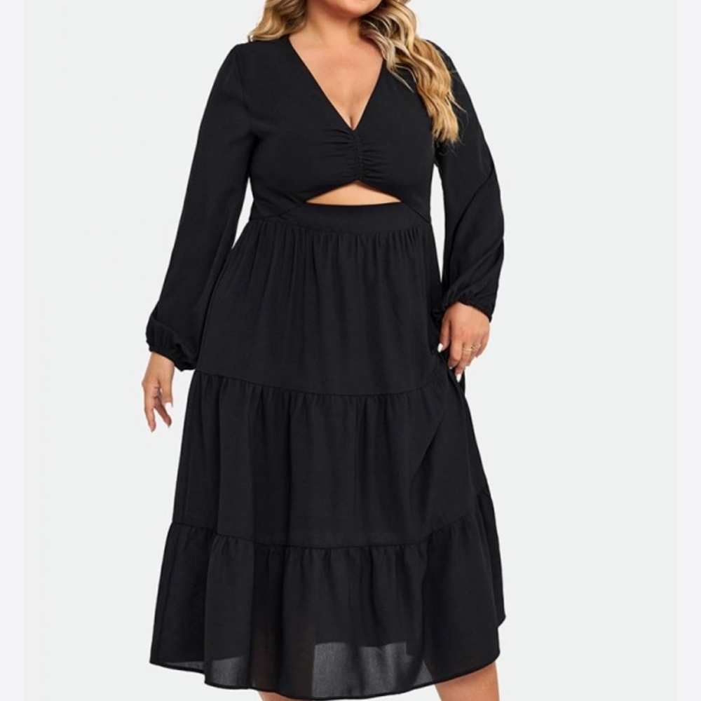 Black Long Sleeves Cutout A-line Midi Dress XL